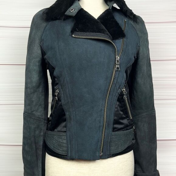 Armani Exchange Charcoal Leather Suede Moto Bomber Jacket Fur Collar Satin Back - Picture 3 of 15